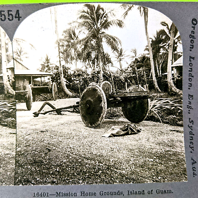 #ad c1910s US Island of Guam Mission Home Grounds Wood Wheel Carts Stereo Card V4