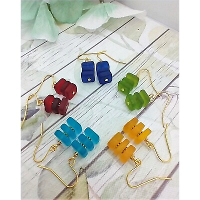 #ad Stacked Square Sea Glass Gold Dangle Earrings Handmade Ladies Fashion