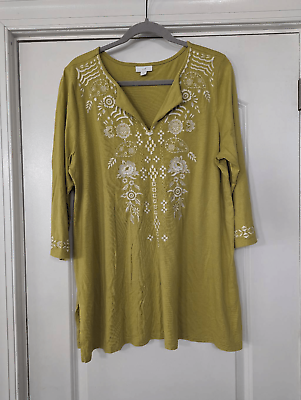 #ad J. Jill Embroidery Tunic Top women#x27;s size L Green embroidery split neck casual
