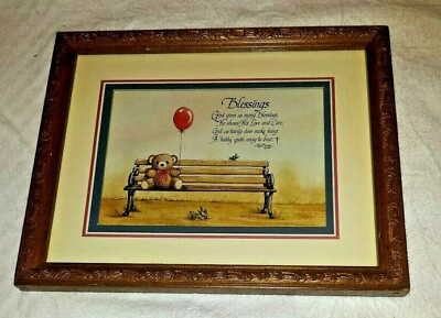 #ad Kent and Gail Brown framed matted TEDDY BEAR print Blessings 1986 wall art 