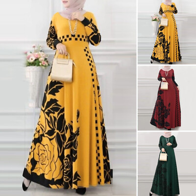#ad UK Women Bohemain Printed Floral es Dubai Long Robe Abaya Long Sleeve