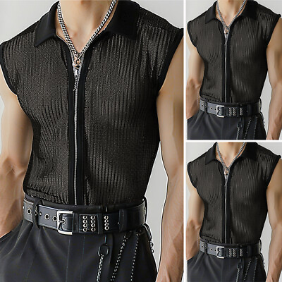 #ad Mens Sleeveless Zipper Hollow Out Sheer Tank Tops Vest Camisole Shirt Blouse