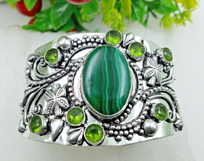 #ad 925 Sterling Silver Malachite amp; Topaz Gemstone Handmade Jewelry Bracelet