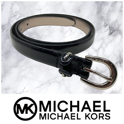 #ad Michael x Michael Kors Black Patent Leather Skinny Belt Silver Hardware Sz L