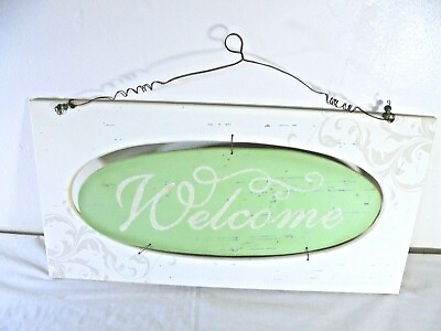 #ad Welcome Sign Plaque Front Door Wall Decor Wood beige green sparkly distressed
