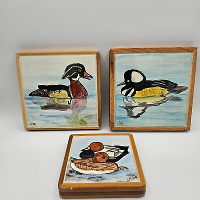 #ad Hand Painted Tiles with Ducks in Wood Frames Signed Jim