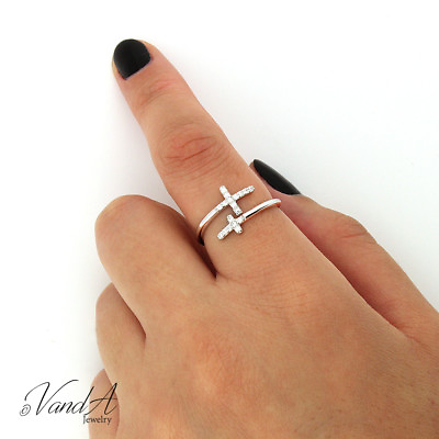 #ad Sterling Silver 925 Cross Ring Double Cross CZ Open Ring Religious Jewelry R25
