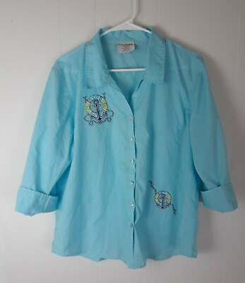 #ad Isaac#x27;s Design Light Blue Anchor Button Up Shirt Womens Size XL