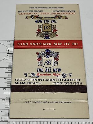 #ad Vintage Matchbook Cover The All New Barcelona Hotel Miami BeachFlorida gmg