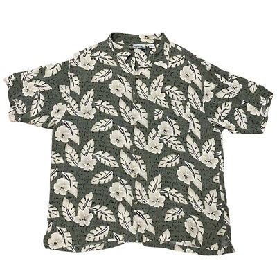 #ad Vintage Island Blue Hawaiian Shirt Mens XL Floral Leaves Print Rayon EUC