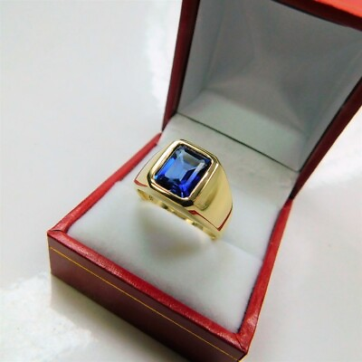 #ad AAAA Created Blue Sapphire 10x8mm 4.50 Carats Heavy 18K Yellow gold Emerald cut