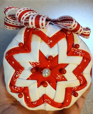 #ad Beautiful Vintage Quilted Ball Handmade Red and White Christmas Ornament 
