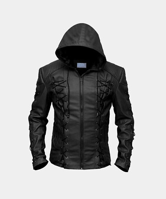 #ad Stephen Amell Roy Harper Green Arrow Lambskin Black Leather Jacket BNWT