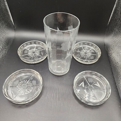 #ad Vtg Etched Glass Coasters S 4 With 1 Tall Glass. Flowers Etched Circles On Side
