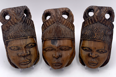 #ad Lot 3 African Face Carvings Antique Hand Carved Wood Wall Hangings Appx. 8”