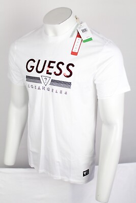 #ad Guess Jeans Men#x27;s T Shirt Koda Logo Crew Embossed Short Sleeve White Red