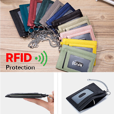 #ad Unisex Leather Credit Card Slot Wallet Holder Slim Pocket Purse with Key Chain