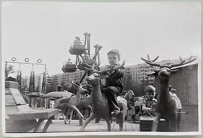 #ad 1950s Merry Go Round Carousel Amusement Park Deer USSR Kids Origin Vintage Photo