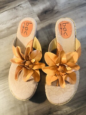 #ad B.O.C. Born Concept Leather Heels Sandals Size 6MW Orange Flower 3quot; Heel Casual