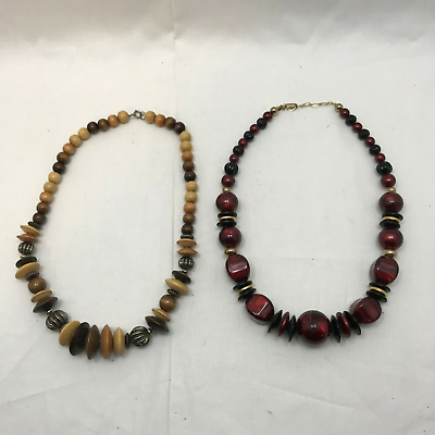 #ad 2 Necklace Lot Chunky Brown Wooden Graduated Beaded Necklace Plastic Ethnic
