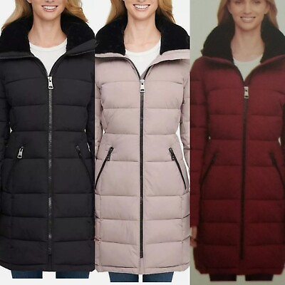 #ad Andrew Marc Ladies Long Stretch Quilted Parka Black Ox Blood XS 2X Hooded Remova