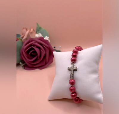 #ad Cross Rhinestone Stone Inlaid Charm Red Bead Stretch Bracelet Faith Religion EPC