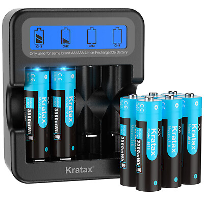 #ad Kratax 3500mWh 1.5V AA Battery Rechargeable Lithium AA Batteries LCD Charger LOT