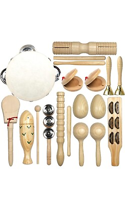 #ad Musical Instruments Set 15PCS Natural Wooden Percussion Tambourine Maracas...