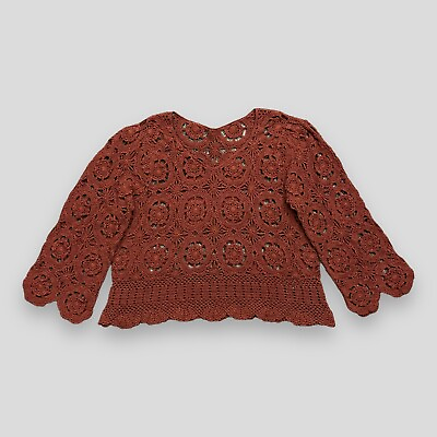 #ad Vtg Crochet Knit Top Long Sleeve Red Brown Boho Hippie Flower Pullover OS
