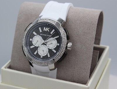#ad NEW AUTHENTIC MICHAEL KORS SIDNEY SILVER WHITE SILICONE WOMEN#x27;S MK6947 WATCH