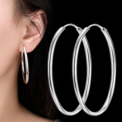 #ad 925 Sterling Silver Round Circle Hoop Earrings Women Fashion Jewelry 3 4 5 6CM