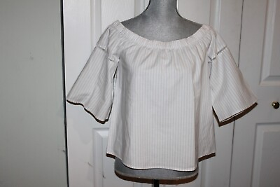 #ad NWOT Abercrombie amp; Fitch White Gray Stripe Top On Off Shoulder Size S
