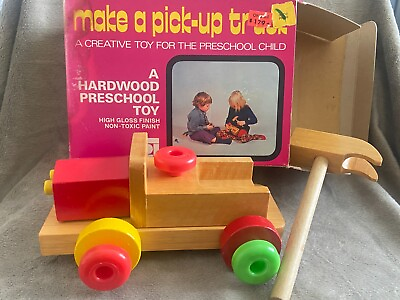 #ad Vtg HARDWOOD Preschool Toy MAKE A PICK UP TRUCK Building Toy in Original Box
