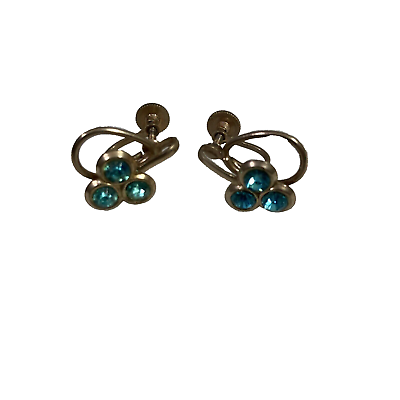 #ad Vintage Earrings Screw Back Gold Tone Blue Rhinestone Fashion Estate Jewelry
