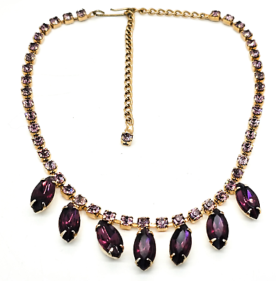 #ad Purple and gold vintage marquis retro mid century rhinestone necklace