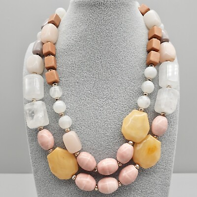 #ad LOFT Necklace Chunky Beaded Pink White Butterscotch Double Strand 18quot; Jewelry