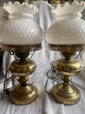#ad Pair Vintage Brass Table Lamp with White Milk Glass Hobnail Shade 17.5quot;