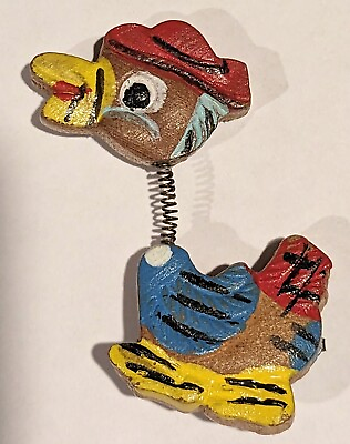 #ad Japan Lapel Pin Wooden Duck Trembler Brooch Bobble Head 1960#x27;s Painted