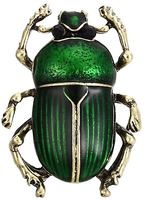 #ad Scarab Beetle Green Enameled Small Vintage Gold Pin Brooch D 873