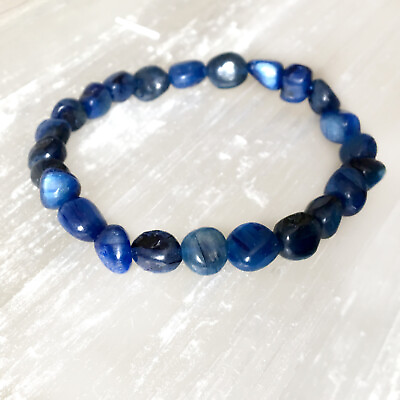 #ad Blue Kyanite Bracelet Polished Stone Beads Natural Gemstone Nugget Reiki Heal
