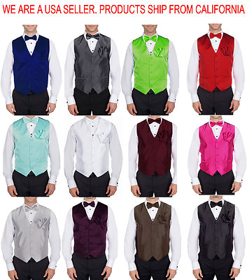 #ad SET Vest BowTie Hanky Fashion Men#x27;s Formal Solid Dress Suit Tuxedo Waistcoat.