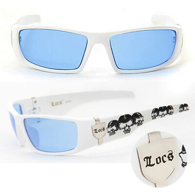 #ad LOCS Motorcycle Bikers Sports Mens Designer Sunglasses White Frame Blue Lens