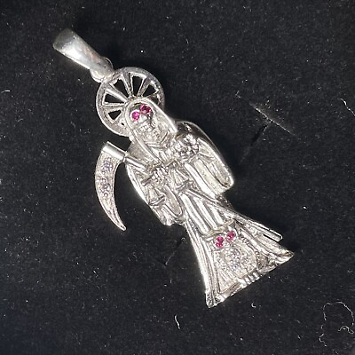 #ad Real Solid 925 Sterling Silver Small Grim Reaper Santa Muerte Pendant Charm