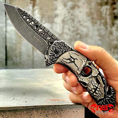 #ad 8quot; Stonewash Tactical Skull Handle Folding Blade Open Spring Assist Pocket Knife