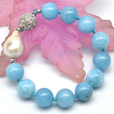 #ad Natural Blue Aquamarine Round Gemstone Beads White Keshi Baroque Pearl Bracelet