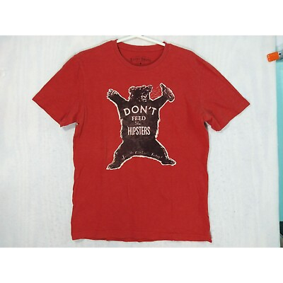 #ad Lucky Brand Mens Short Sleeve Graphic Bear Beer Hipster Shirt M Medium Red