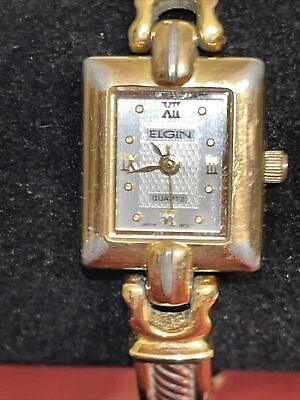 #ad Elgin Watch Womens Stainless Silver Gold Steel Water Resist Battery White Quartz