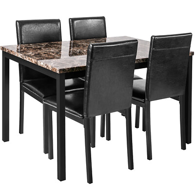 #ad 5Pcs Dining Set Kitchen Room Table Set Dining Table and 4 Leather Chairs Black