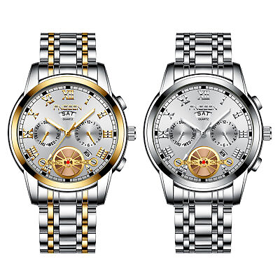 #ad Mens Date Week Watch Stainless Steel Band Quartz Luminous Waterproof Wristwatch