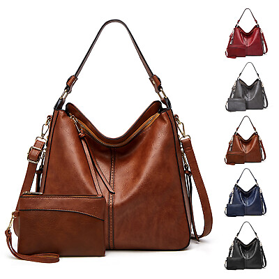 #ad 2Pcs Womens Hobo Handbag Tote PU Leather Lady Large Croosbody Shoulder Bag Purse